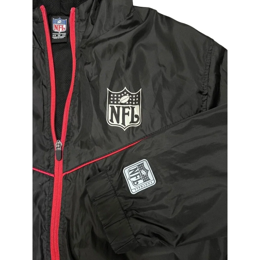 NFL‎ Windbreaker Jacket Mens Medium Black Red Full Zip Hooded Mesh Lined Logo